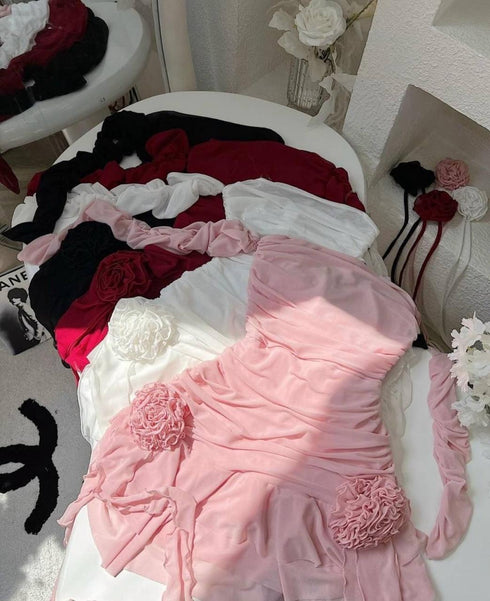 Mesh Off Shoulder Long Sleeves Rose Neck Tie Dresses